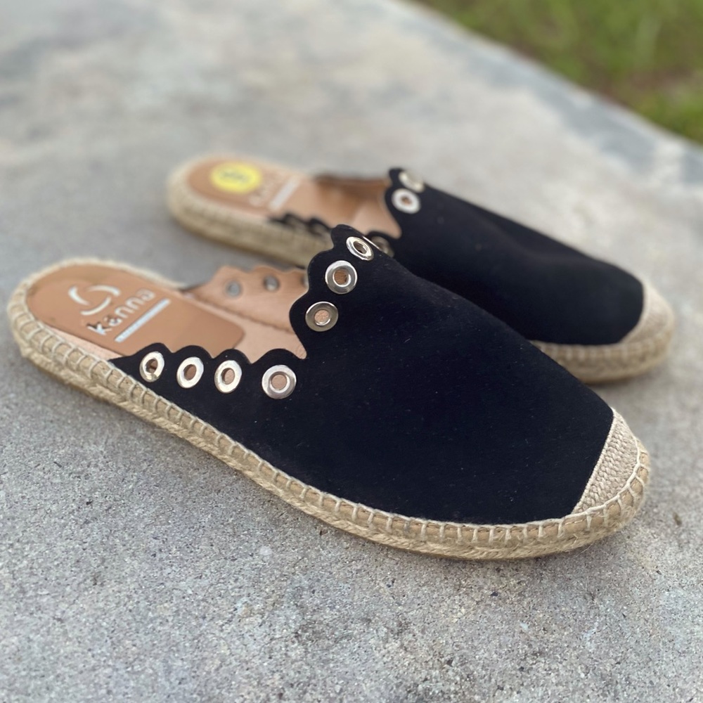 Kanna Black Suede Slip-on Espadrille Slides — Size 9